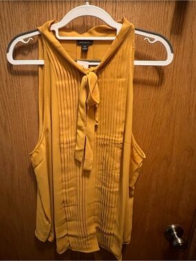 Ann Taylor Mustard Pleated Tie-Neck Sleeveless Shell